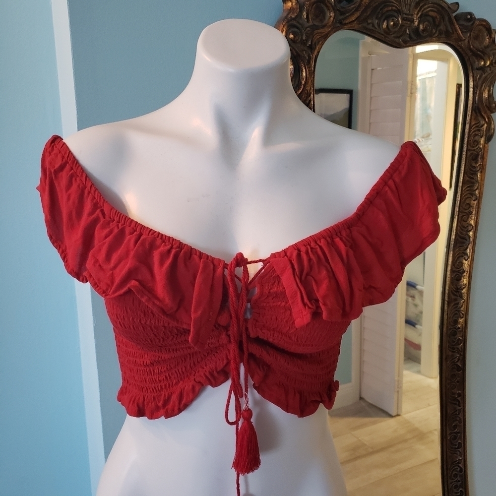 Red Smocked Crop Top - Picture 1 of 5